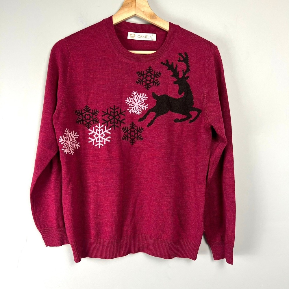 Camela Merino Wool Blend Reindeer Snowflake Sweater Magenta Sz 40 M Festive Ski